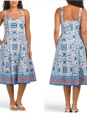 NWT Avec Les Filles Midi Dress Sz 14 Blue White Palm Tile Sweetheart Neckline